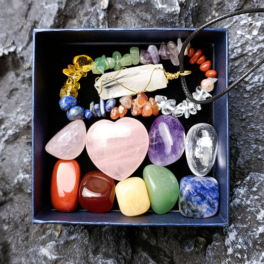 Natural Crystal Gemstone Rainbow Stone Combination Set, Rose Quartz Heart-shaped Hexagonal Pendant, Multi-colored Matching Gift Box
